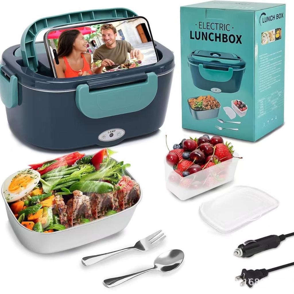 Portable 2-in-1 Electric Heating Lunch Box with Car Adapter, Stainless Steel & Plastic, Insulated for Home & Travel.