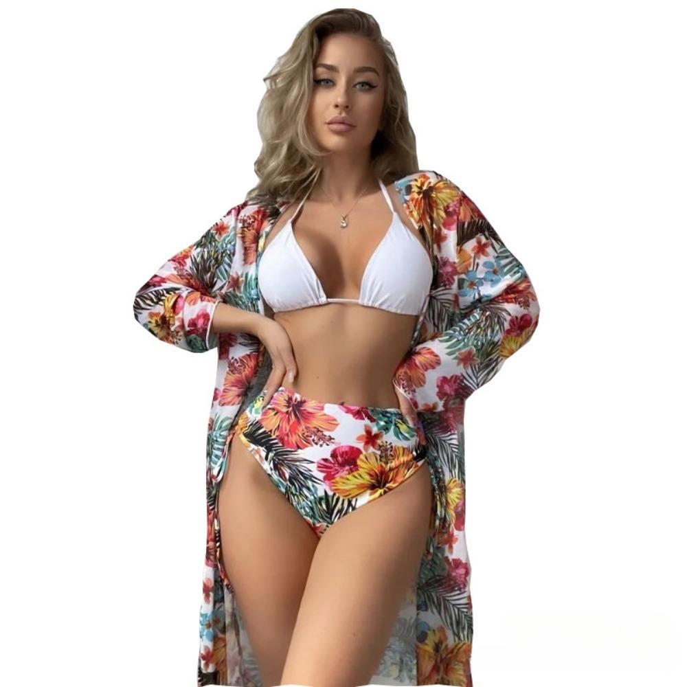 European and American Sexy Bikini Three-Piece Printed Mesh Blouse Swimsuit