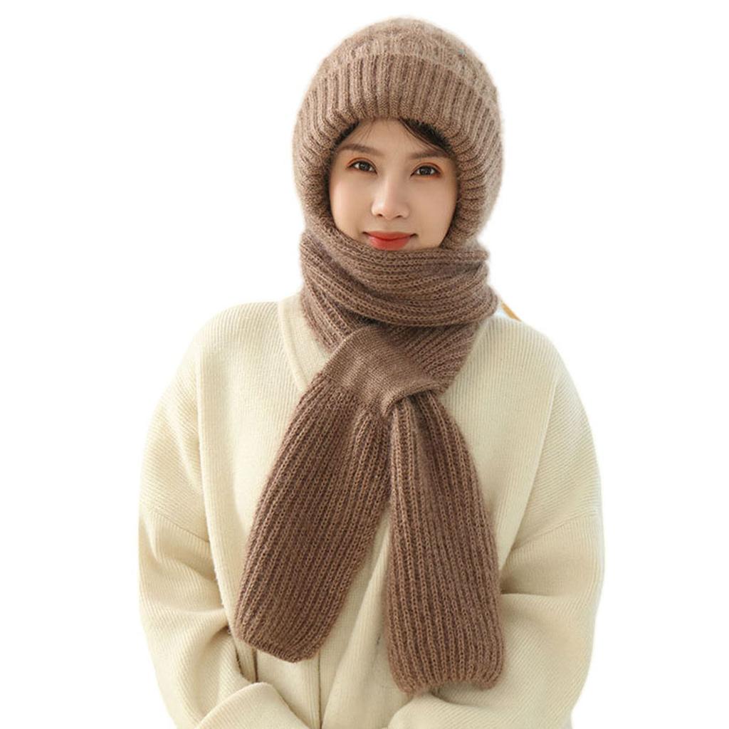One Piece Hat Scarf Windproof Winter Knitting Thick Warm Ear Guard Hat for Woman Girs Winter Outdoor Use