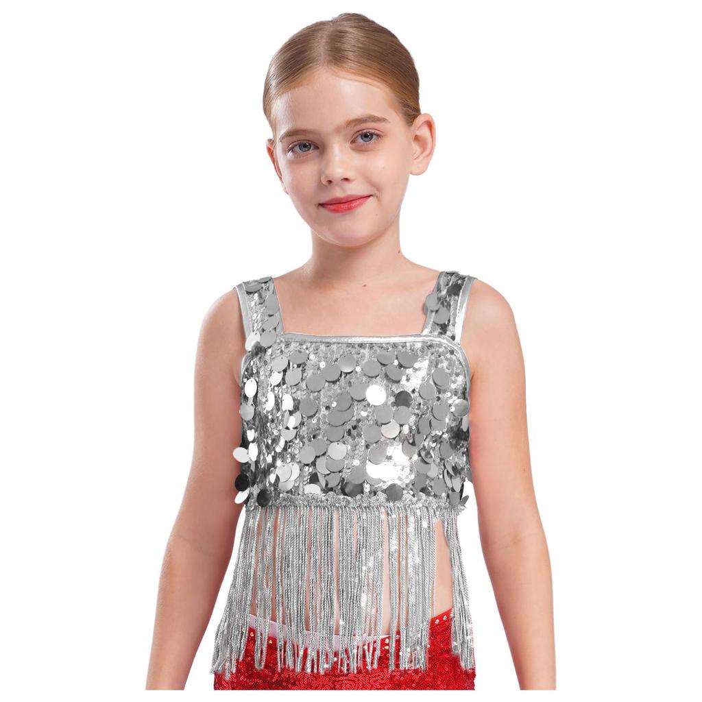 Dívčí taneční crop top se širokými ramínky a třásněmi z lesklých flitrů pro jazzové párty vystoupení