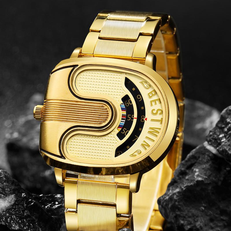 Bestwin Gold Top Brand Luxury Men Watches Unique Design Stainless Steel Band Golden Dropship Relogio Masculino High Quality Male
