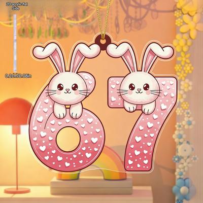 Modern Pink Bunny '67' Acrylic Hanging Ornament - Cute Numbered Couple Charm for Wedding, Anniversary & Valentine's Gift, Spring Room Decor