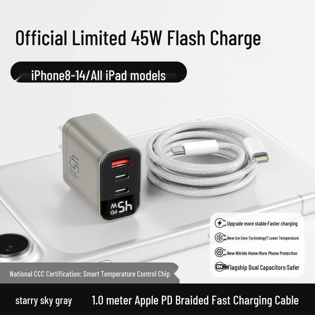 45W Gallium Nitride Fast Charger with Three Ports for iPhone 16 Pro Max
