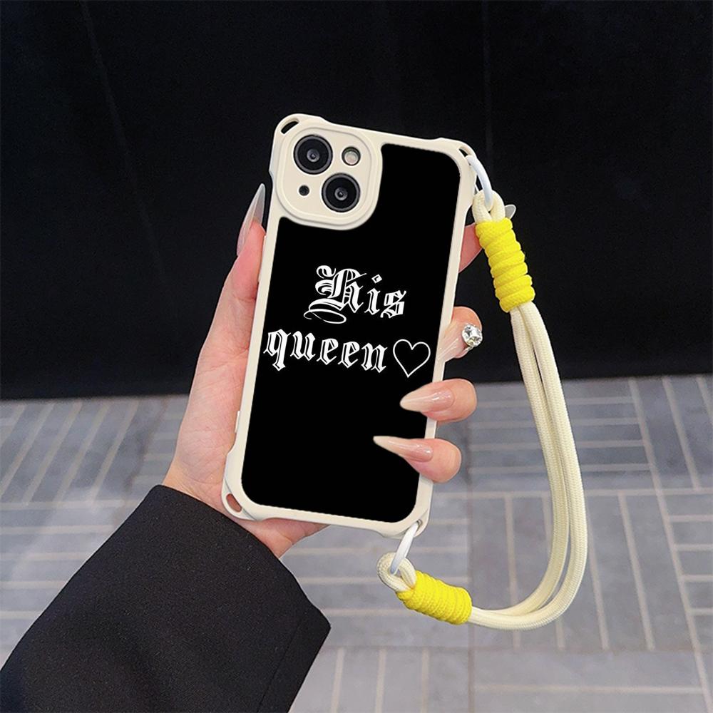 Ae84 King Queen Couple Art Soft Phone Cases for iPhone 16 15 14 13 12 11 Pro Max 8 7 Plus XR XS with Wrist Strap Lanyard Corner Protection Back Cover