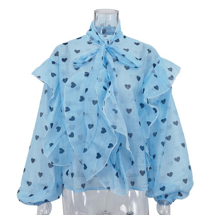 women s Polka Dot Ruffle Tie Neck Lantern Sleeve Oversized Casual Blouse Shirt Top S синий