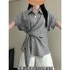 Korean Lazy Black and White Plaid Short-sleeved Shirt Women's Summer Design Sense Strap Waist Pinch Thin Versatile Top