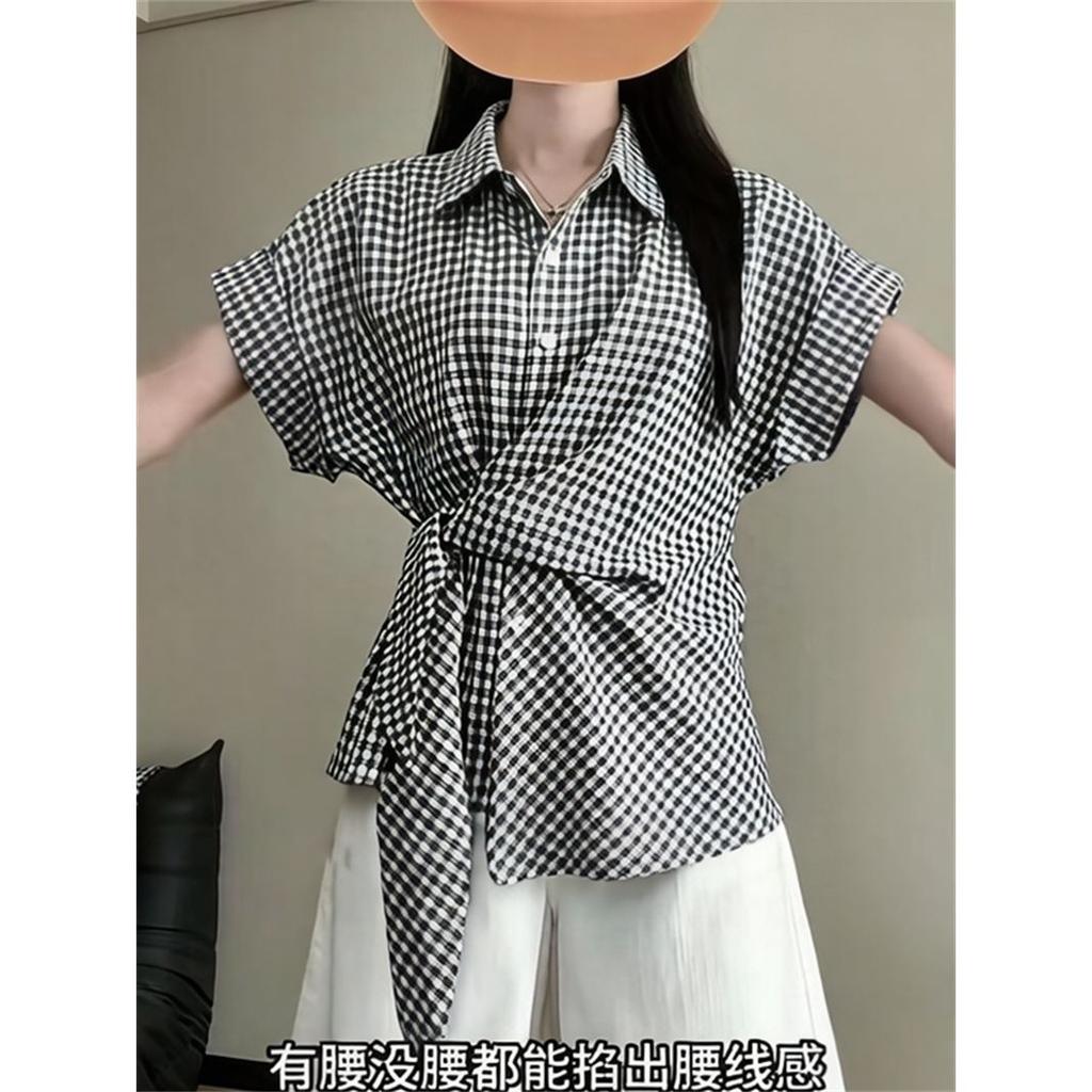 Korean Lazy Black and White Plaid Short-sleeved Shirt Women's Summer Design Sense Strap Waist Pinch Thin Versatile Top