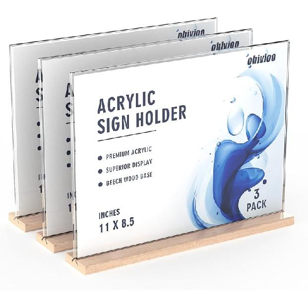 Акриловый держатель для табличек 5,5x8,5 с деревянным основанием, прозрачный Т-образный настольный дисплей для офиса, дома, магазина, ресторанов и мероприятий, двусторонний Horizontal11*8.5