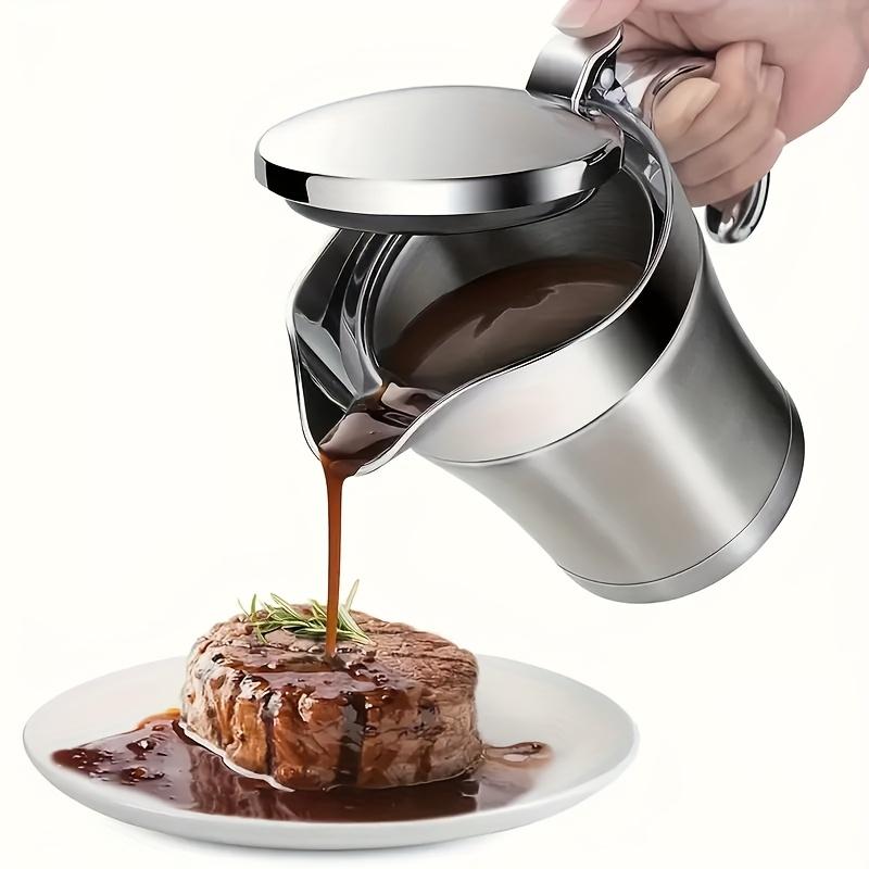 Elegant Double-insulated Stainless Steel Gravy Boat with a Hinged Lid - Perfectly Suitable for Pouring Juices and Creams