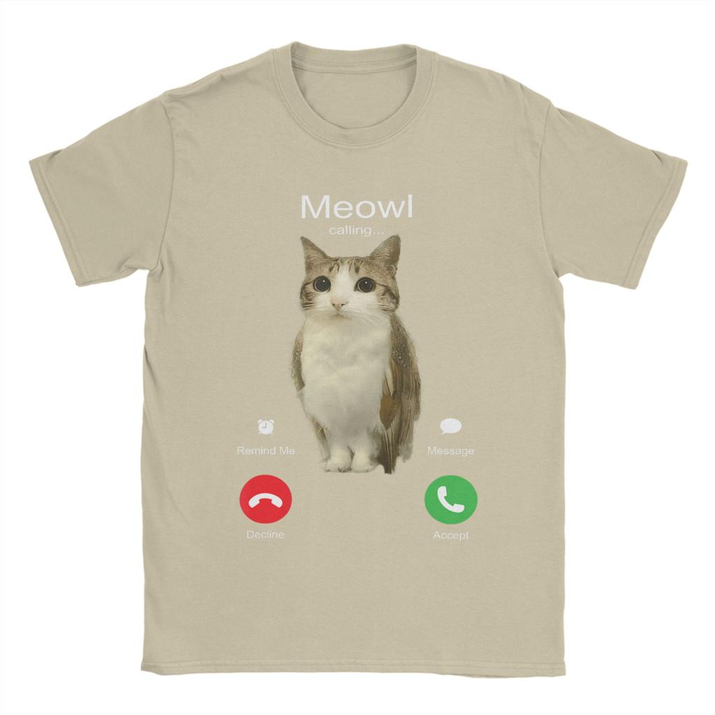 Men TShirt Meowl Is Calling Phone Call Meme Brainrot Funny Cat Owl Cotton Tees Short Sleeve T Shirts Round Neck Clothing