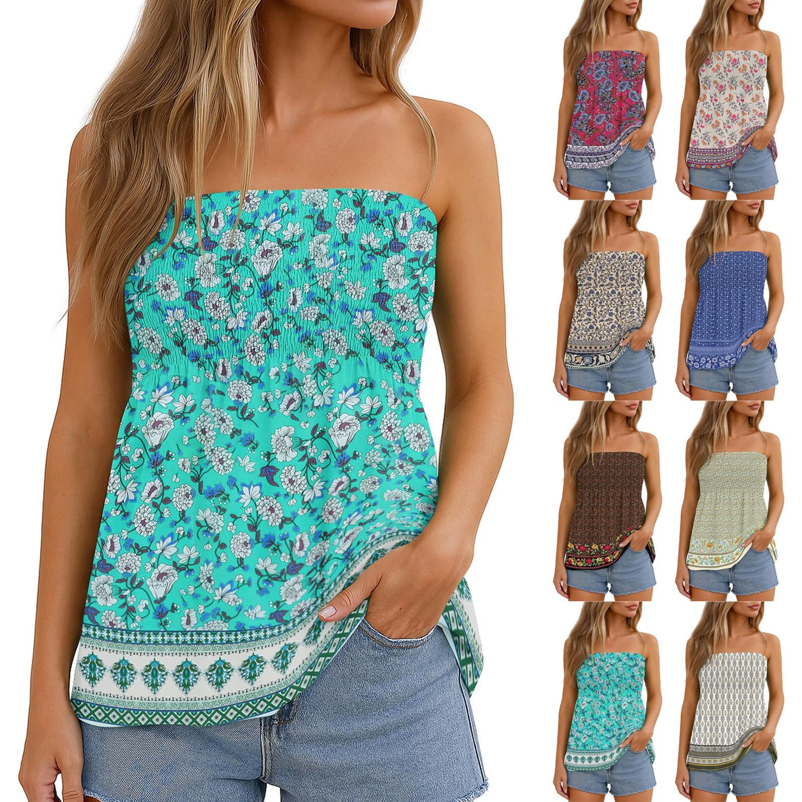 

Womens Tops Dressy Casual Sleeveless Blouse Tube Tops For Women,Cute Sexy Off Shoulder Print Sleeveless T-Shirt M рожевий