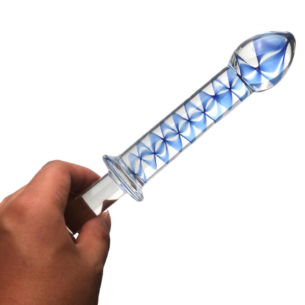 Blue-Red Inner Carved Flower Ribbed Glass Dildo with Handle for Female Use