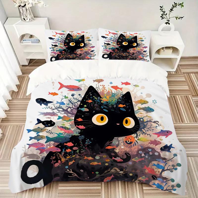 3pcs Colorful Fish & Kitten Printed Bedding Set, Soft and Comfortable Quilt Cover for Bedroom, Guest Room (1 Duvet Cover + 2 Pillowcases, Pi