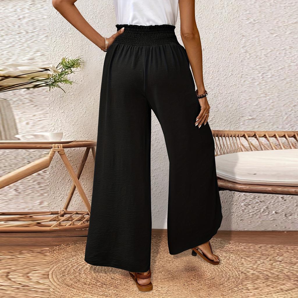 Women's Elastic Waist Irregular Hem Wide Leg Casual Pants Solid Color Loose Straight Pants