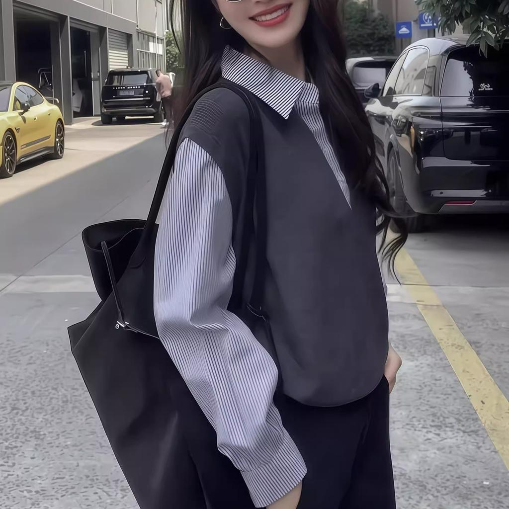 Andy velvet washing water, autumn new fake two-piece Polo collar shirt, high-end temperament, casual and versatile woman