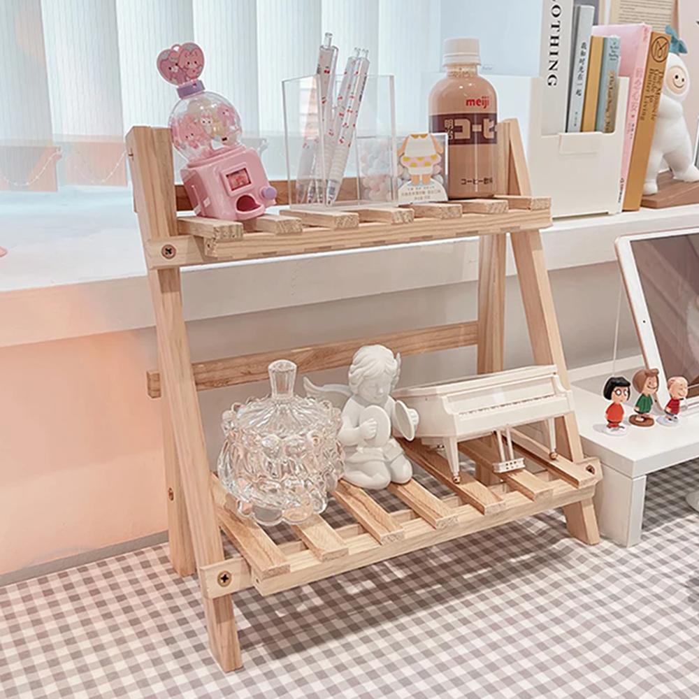 1 Household Log Double Shelf, Multi-purpose Living Room, Bedroom Table Items Storage and Arrangement Shelf, Original Wood Color