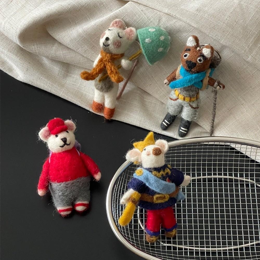 Mushroom Umbrella Wool Felt Animal Pendant Mountain Climbing Bear Fairy Tale Style Keychain  Couple