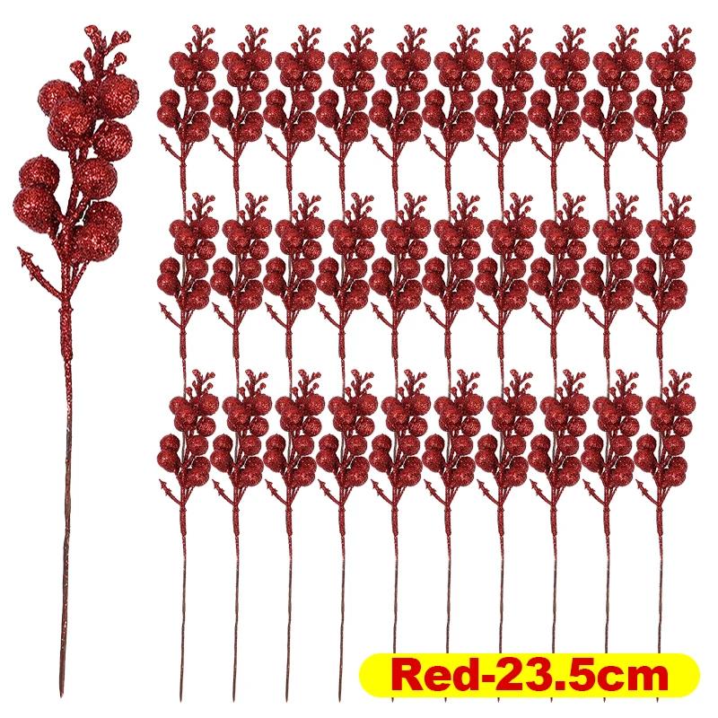 New Glitter Berries Branches Christmas Artificial Gold Powder Holly Berry Branch Xmas Party Fake Flowers Ornaments Home Decor
