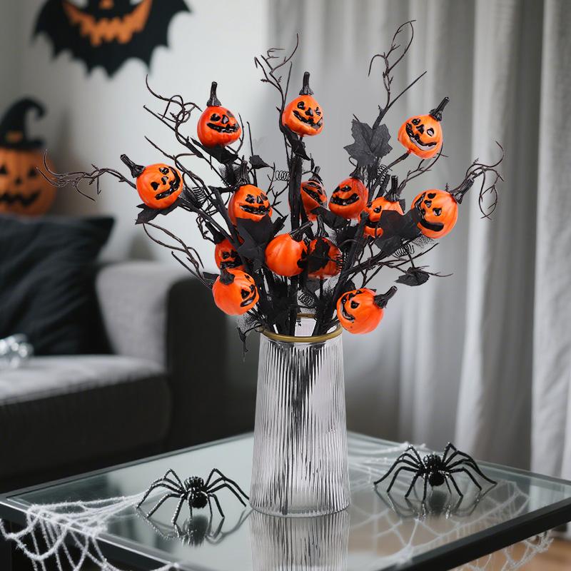1/3/5Pcs Halloween Branches Artificial Pumpkin Maple Leaf Stem Flowers Halloween Party Decoration For Home DIY Vase Photo Props