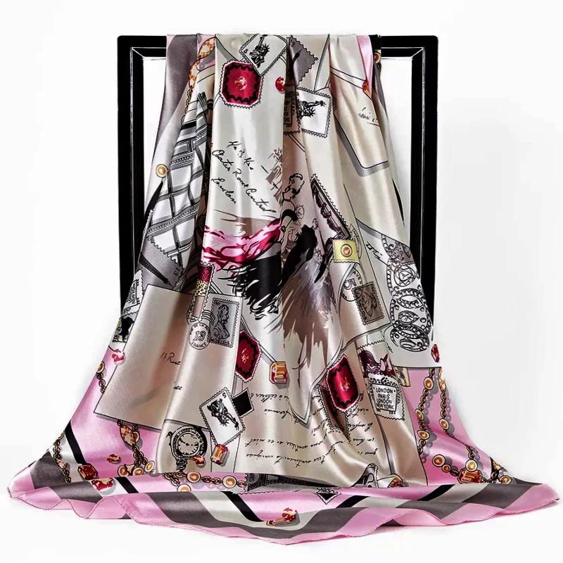 90*90cm Satin Scarf for Women Cashew Flower Print Chain Scarf Spring and Summer New Style Shawl Scarf for Women 2024 New Style