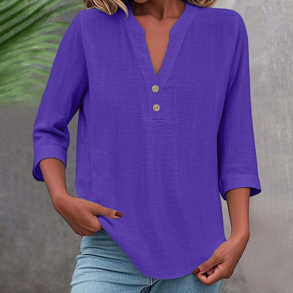 Women's Fashion Solid Color Three-quarter Sleeve Stand Collar Casual Pullover Shirt