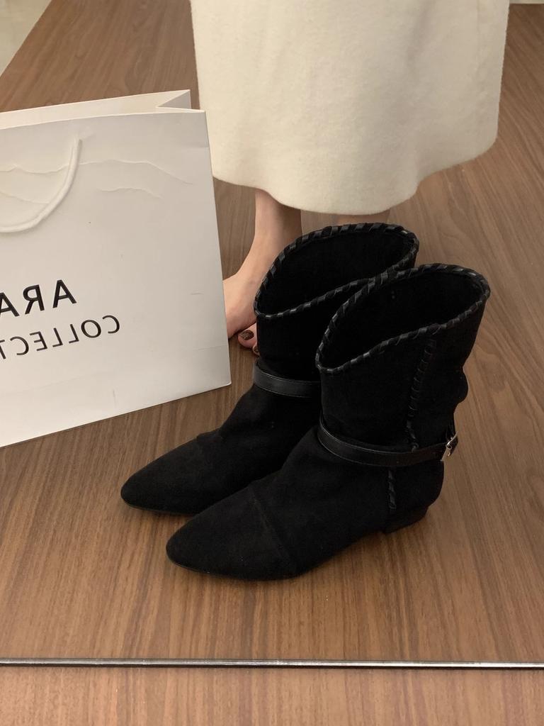 Retro pleated belt buckle pointed pile boots women's new inner height increase versatile comfortable western cowboy boots