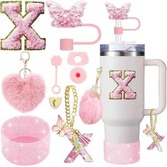 9PCS Accessory Set for Stanley Cup 30oz 40oz Butterfly Straw Cover Cap Silicone Boot Charm Initials Sticker Spill Proof Stopper Cup Holders 5