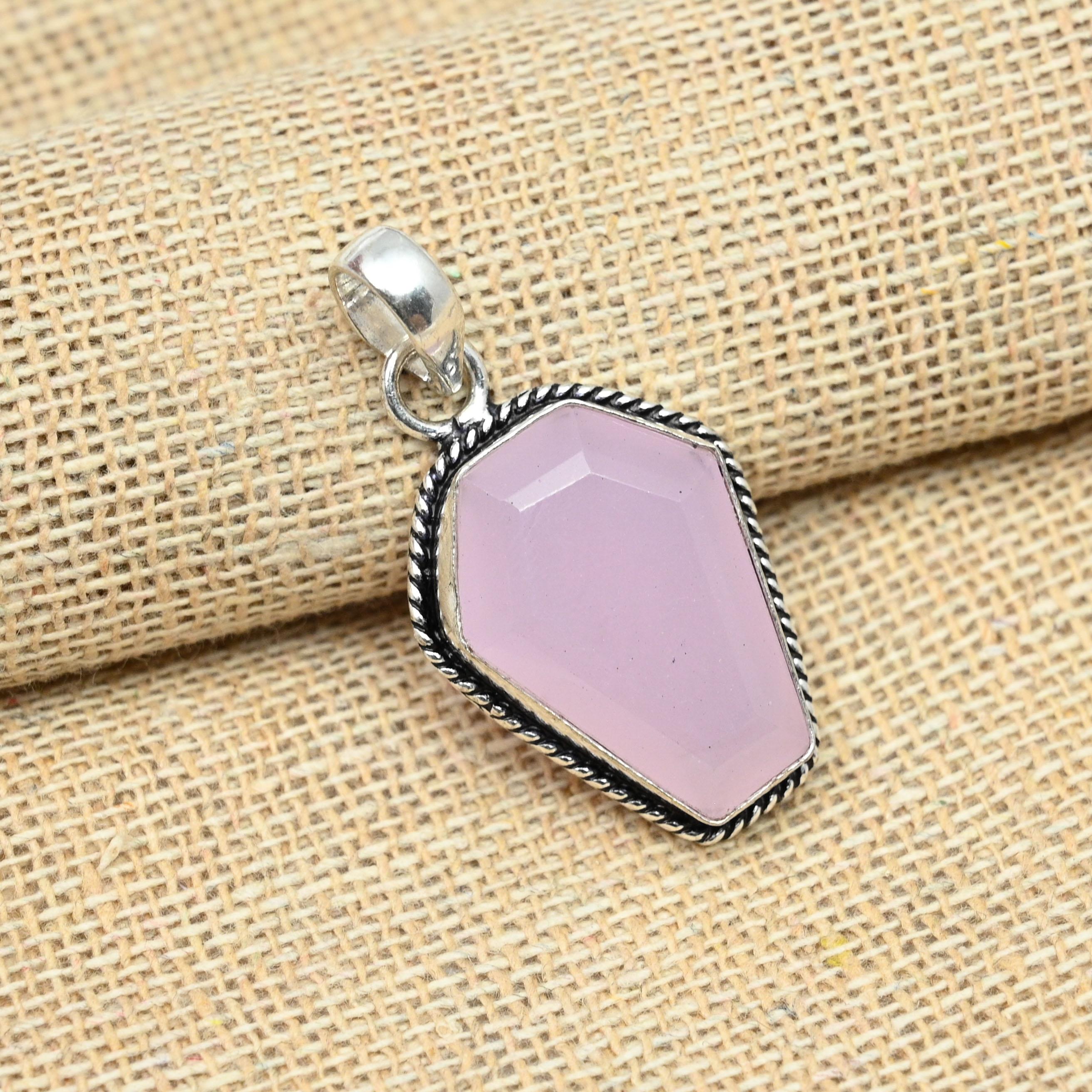 

Розовый халцедон, драгоценный камень 925 пробы, серебряный кулон, свадебный подарок ручной работы 1.57 Inches розовый