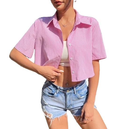

Women Shirt Lapel Short Sleeve Striped Bow Back Summer Casual Tops Loose Fit Leisure Holiday Short Shirt S