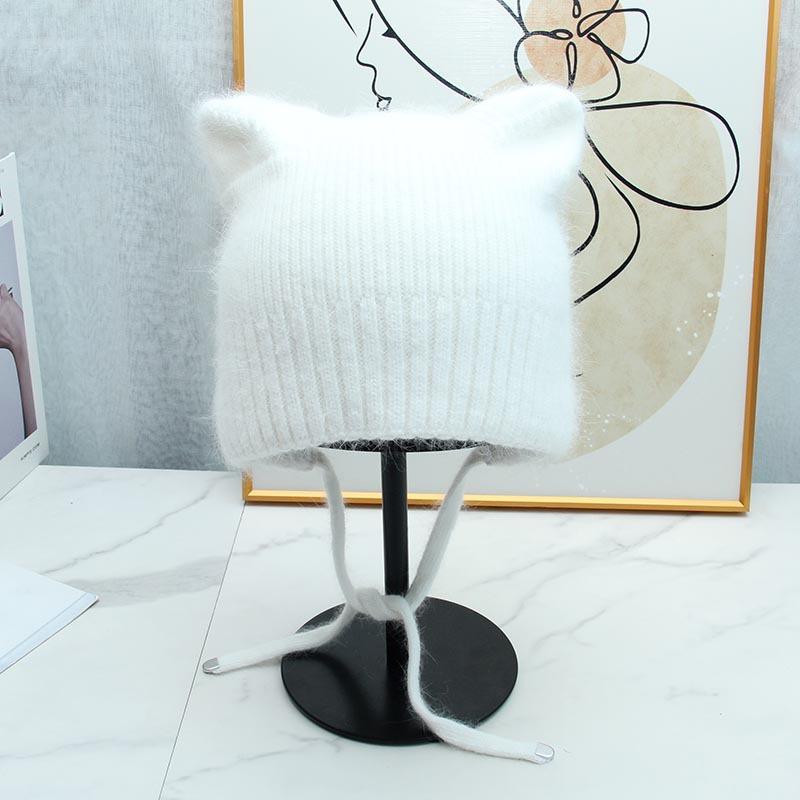 High-quality Cute Ear Protection and Warm Cat Ears Rabbit Hair Knitted Hat Autumn and Winter Double-layer Thickened Lace-up Windproof and Cold-proof