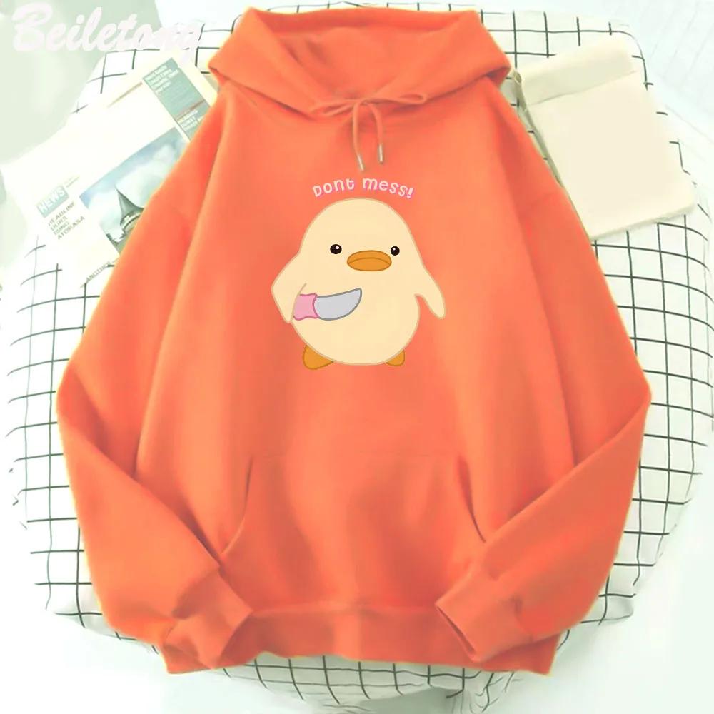 Leg dich nicht mit Ente an, die Messer hält Kawaii Cartoon Print Damen Hoodies Übergröße Sweatshirts Harajuku Damen Langarm Streetwear