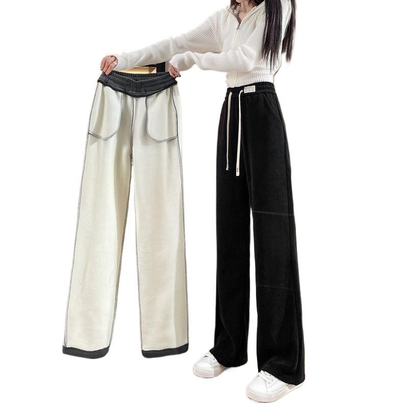 2025 New Fleece-Lined Thick Wide-Leg Straight Pants - Plus Size, Slimming, Casual Sportswear for Autumn/Winter