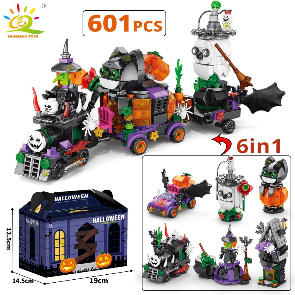 Ungiftige Halloween Modellbausteine Stadt Kürbis Geist Haus Zug Waggon Moc Steine Set Spielzeug Für Kinder Heimdekoration Geschenk