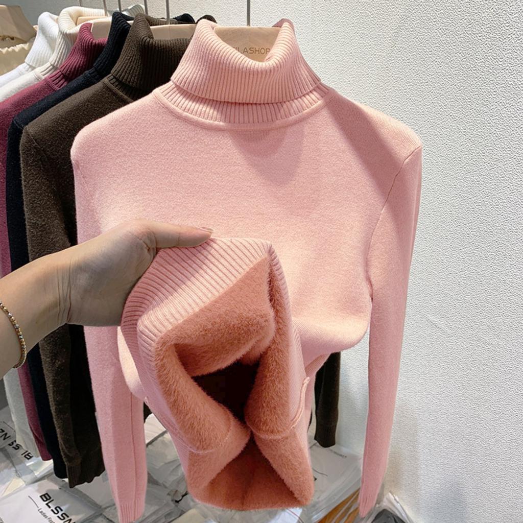 One Piece Velvet High Neck Sweater with Thickened Velvet for Women, Autumn and Winter New Warm Long Sleeved Base Sweater