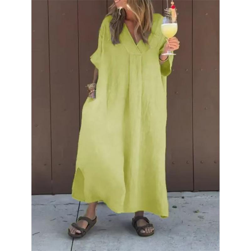 Womens Casual Short Sleeve V Neck Solid Color Long Dress