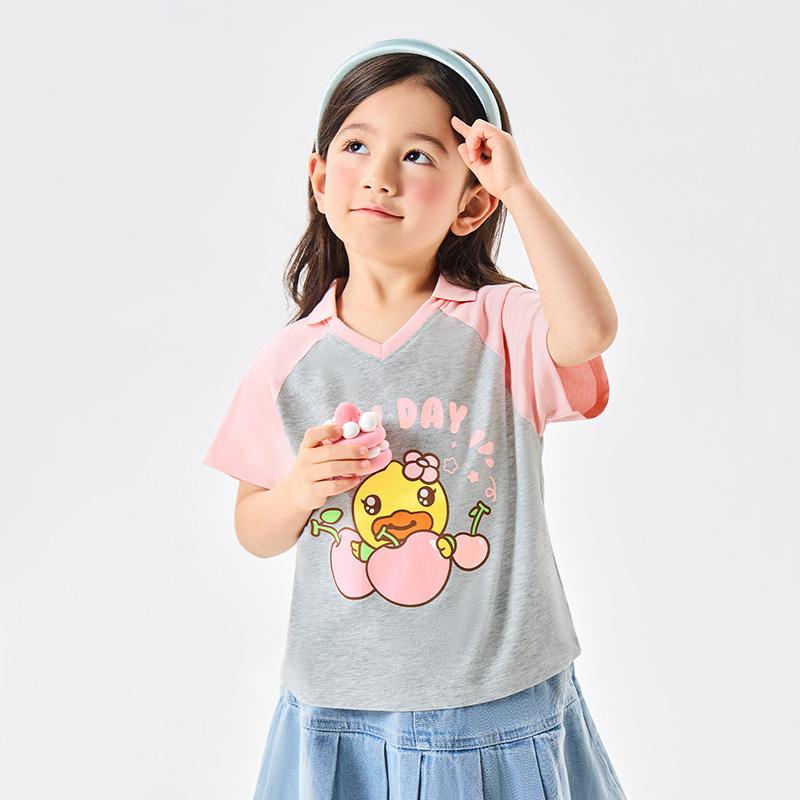 B. Duck Yellow Duck Children's Clothing Girls' 2026 Summer New Style Color Blocked Printed Fashion Short T-shirt