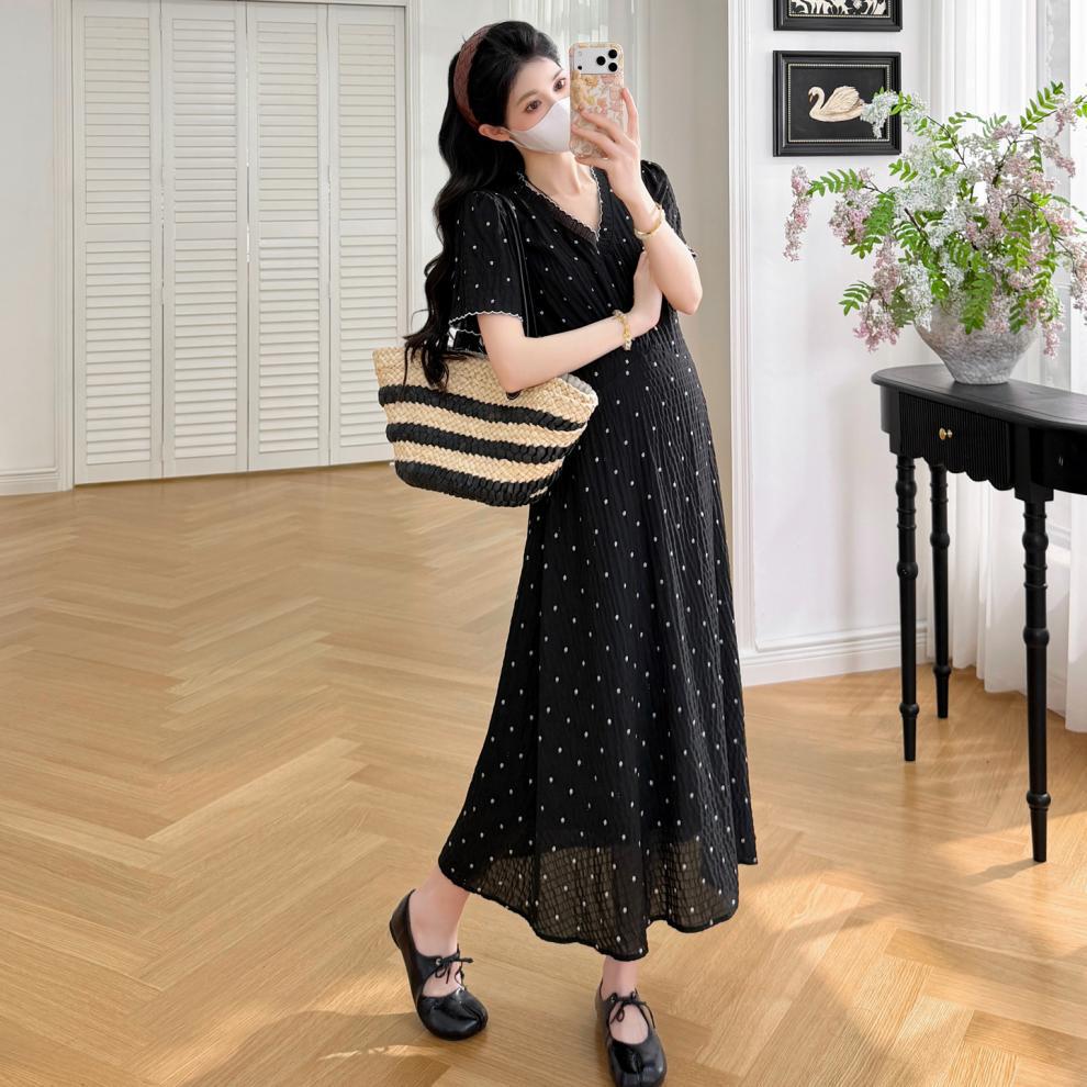 2026 Summer French V-Neck Short Sleeve Floral Maternity Dress