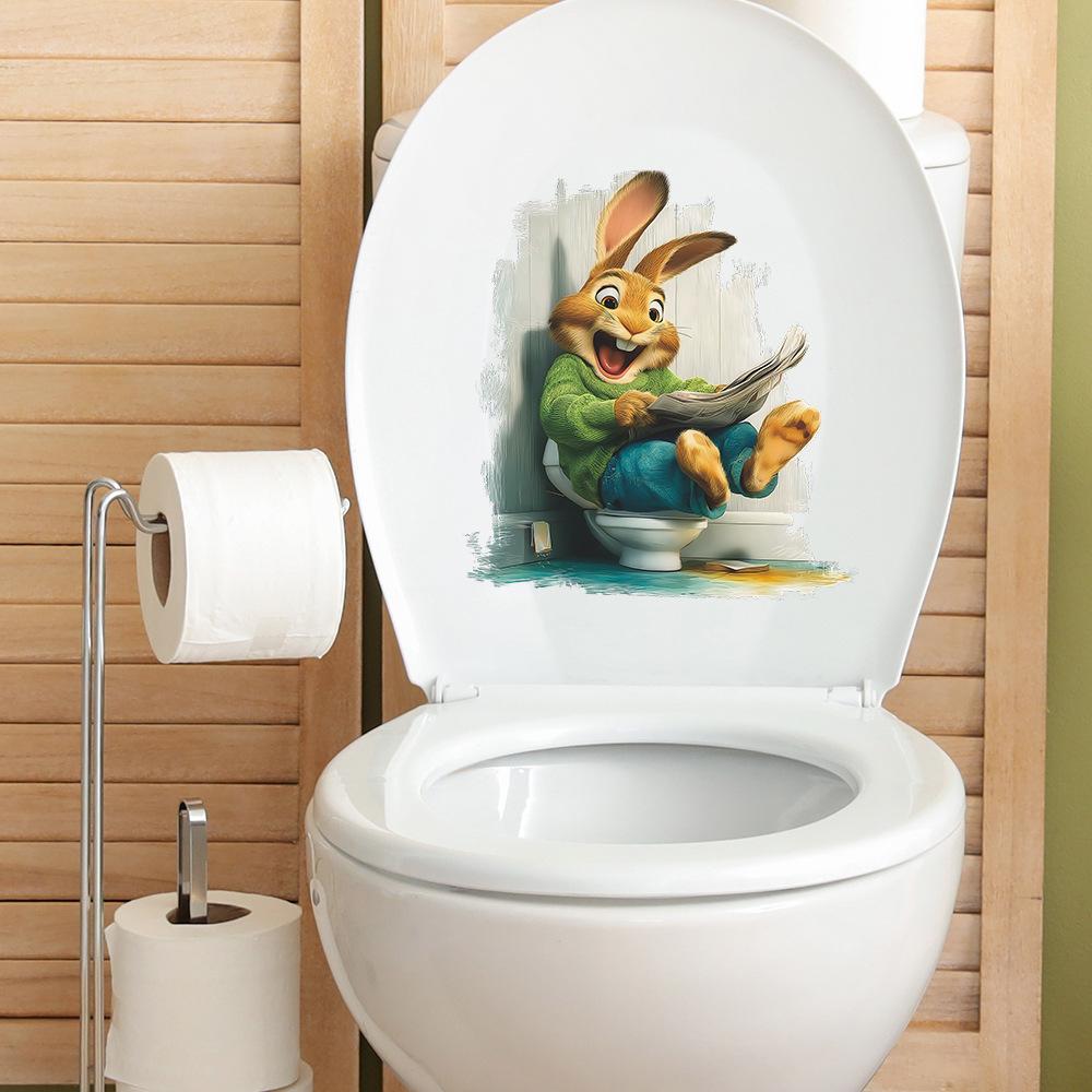 Funny Rabbit on Toilet Reading Newspaper Bathroom Wall Sticker Self-Adhesive Removable Easter Home Decor