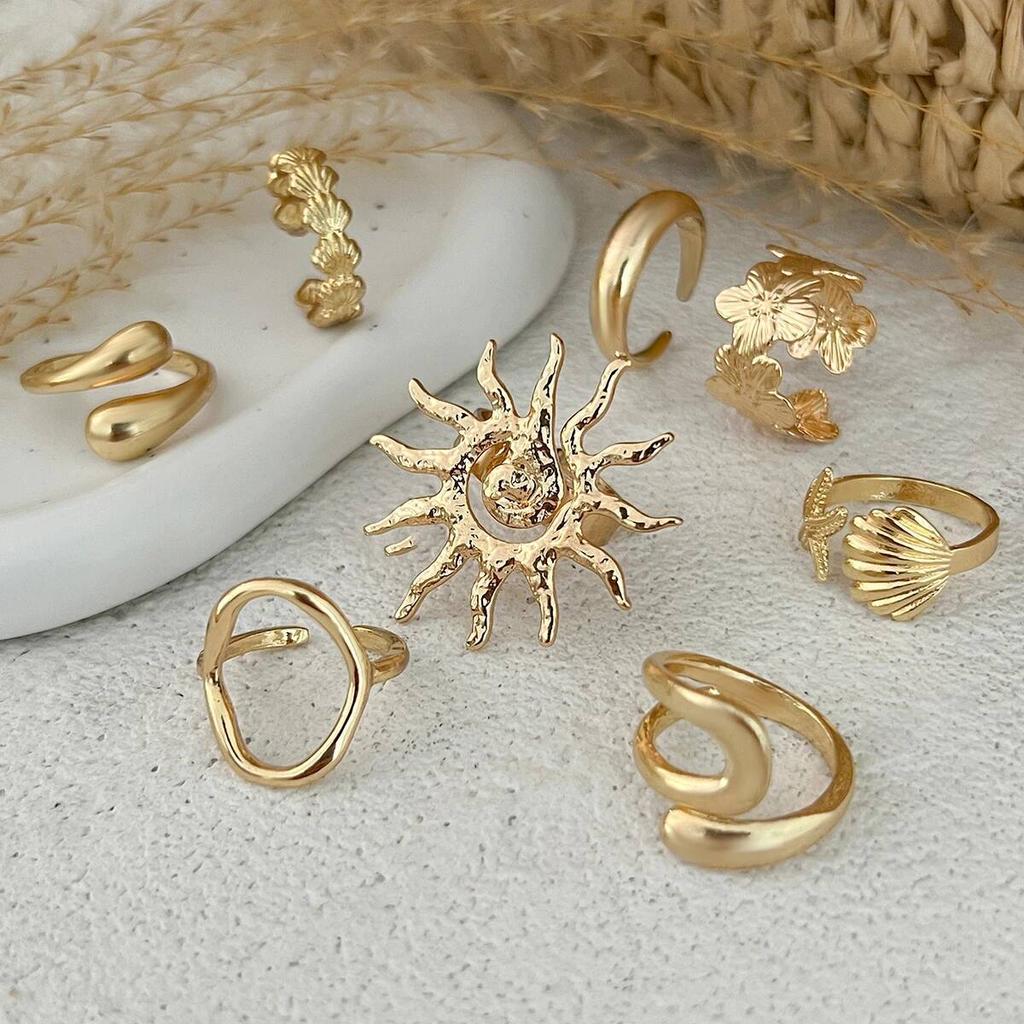 Salircon 8Pcs/set Fashion Starfish Scallop Open Finger Ring for Women Vintage Gold Color Metal Knuckle Joint Ring Couple Jewelry