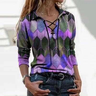 Urban Casual Top Losse Bedrukte Lange Mouw Vetersluiting V-hals T-shirt