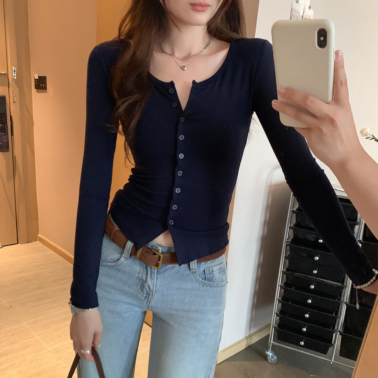 

Women s Slim-Fit Long-Sleeve Cardigan T-Shirt: Fresh, Pure, Autumn/Winter Style – Wear Alone for a Flattering Look Extra Large темно-синього кольору