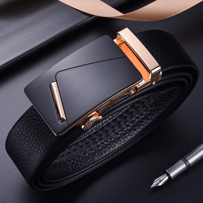 

Men S First Layer Cowhide Automatic Buckle Belt Business Men S Belt Black Universal In All Seasons 130cm