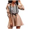 Women's  Leopard Print Patchwork Long-sleeved Hooded Zipper Waist Dress