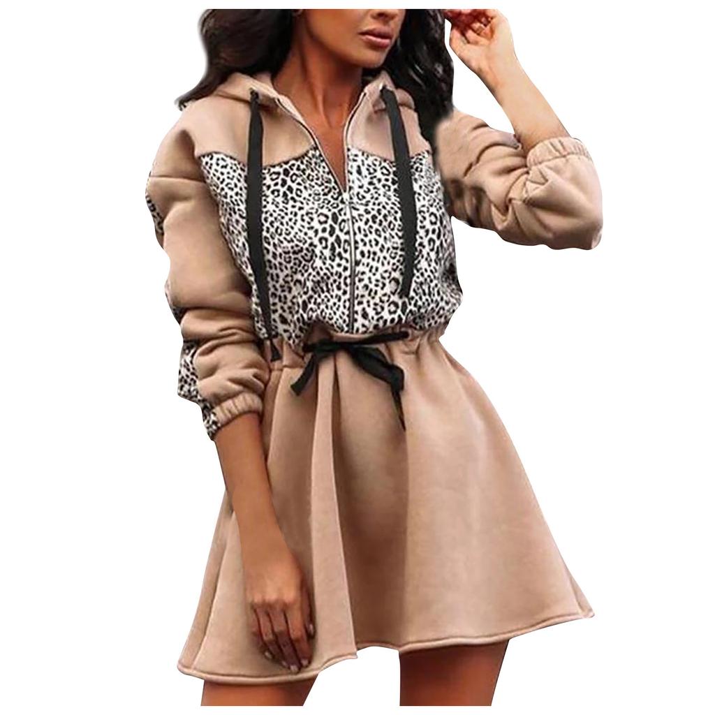 Women's  Leopard Print Patchwork Long-sleeved Hooded Zipper Waist Dress