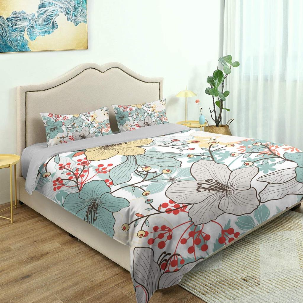 Morning Glory Duvet Cover for Girls Women,Purple Floral with Branch Quilt Cover Set King/Queen Size with Two Pillowcases,White