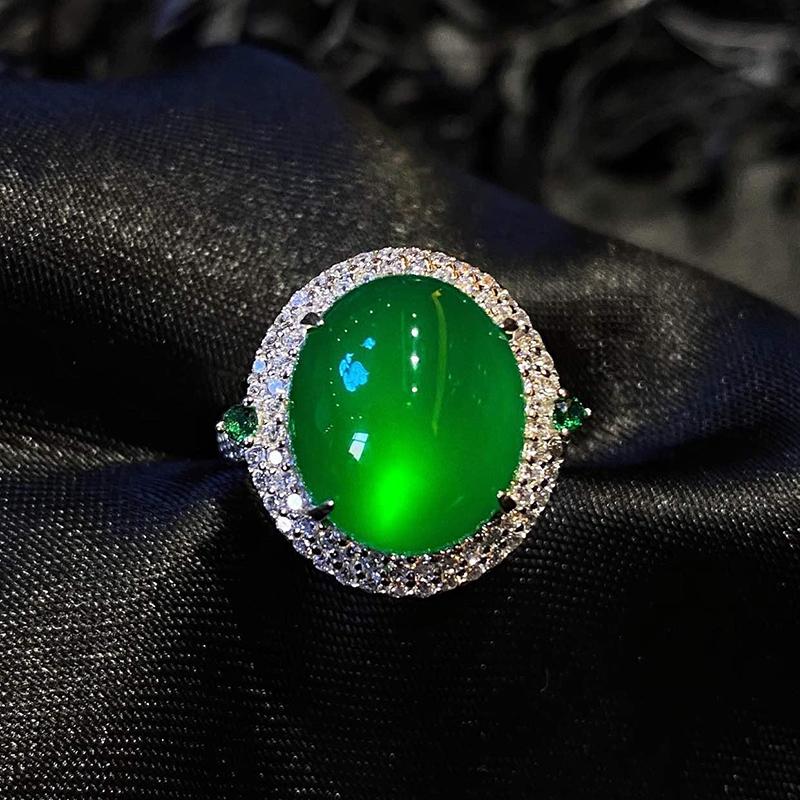 Inspired Design Silver Inlaid Crystal Natural Green Chalcedony Oval Adjustable Ring Exquisite Anniversary Gift Ladies
