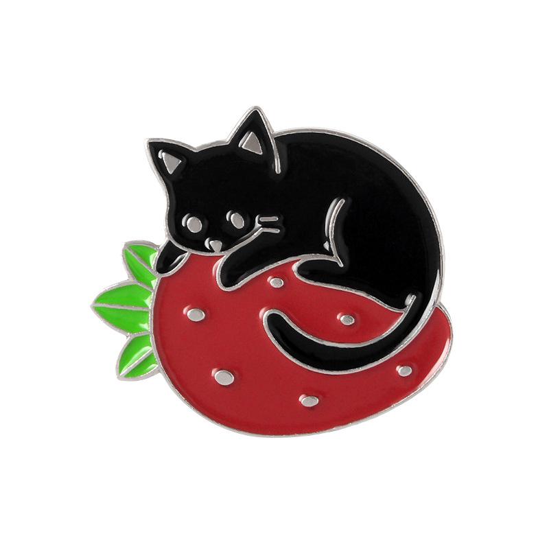 Charming Black Cat Strawberry Brooch - Cute and Versatile Alloy Accessory