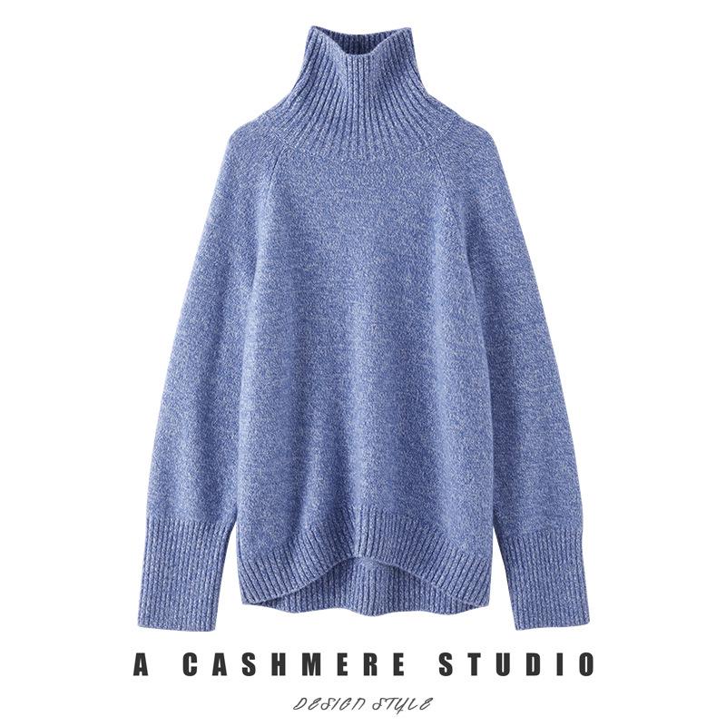 Women's Autumn/Winter High Neck Patterned Cashmere Raglan Sweater