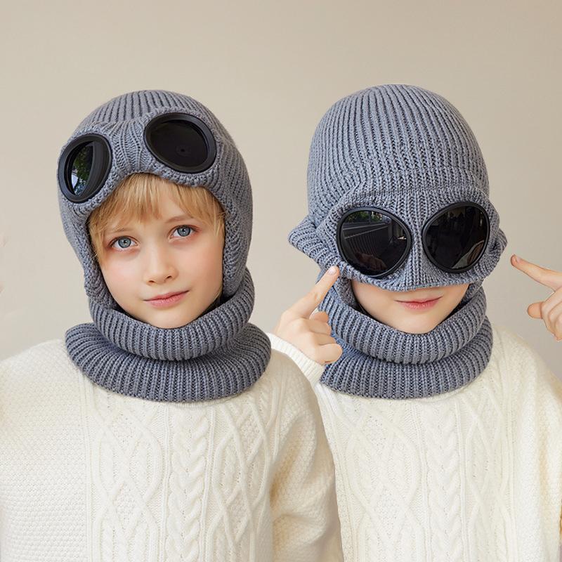 Dětská čepice šátek Dvoudílná zimní sametová ochrana uší Vlněná čepice s brýlemi Chlapecká pletená čepice Lyžařská čepice Skullies Beanies