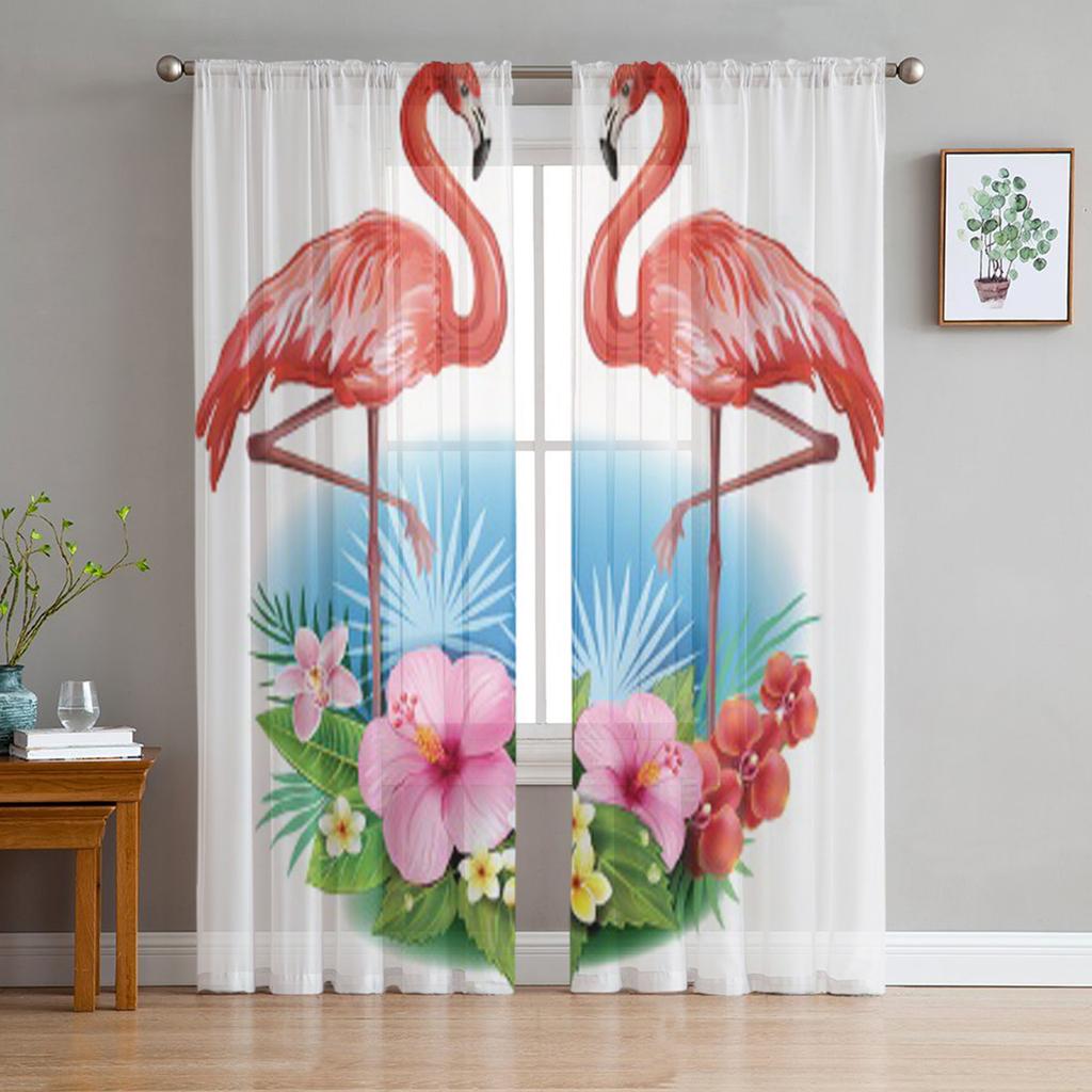 Tropical Flowers And Flamingos Sheer Curtain For Living Room Modern Voile Tulle Window Curtains For Bedroom Kitchen Drapes